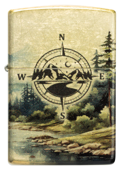 Front view of Zippo Watercolor Wilderness Design 540 Tumbled Brass Windproof Lighter.
