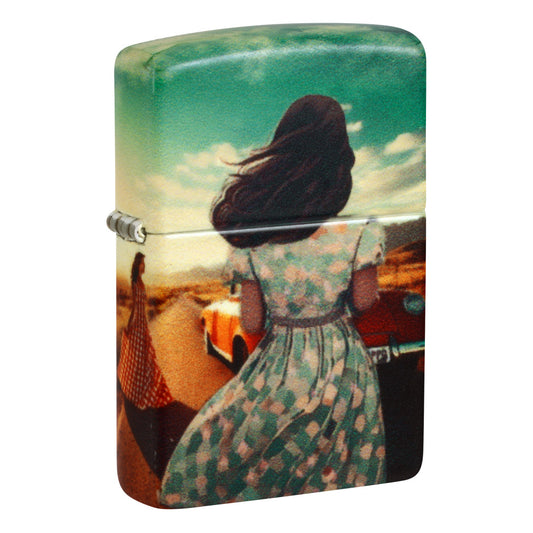 Front shot of Zippo American Road Trip Design 540 Color Windproof Lighter standing at a 3/4 angle.