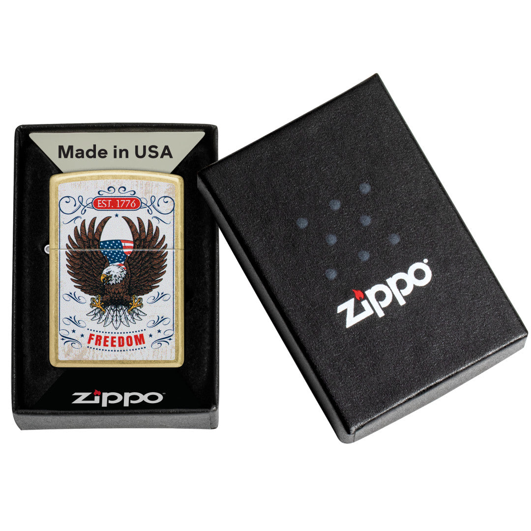 Zippo Soaring Freedom Design Street Brass Windproof Lighter in its packaging.