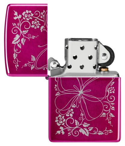 Zippo Butterfly Bliss Design Candy Raspberry Windproof Lighter with its lid open and unlit.