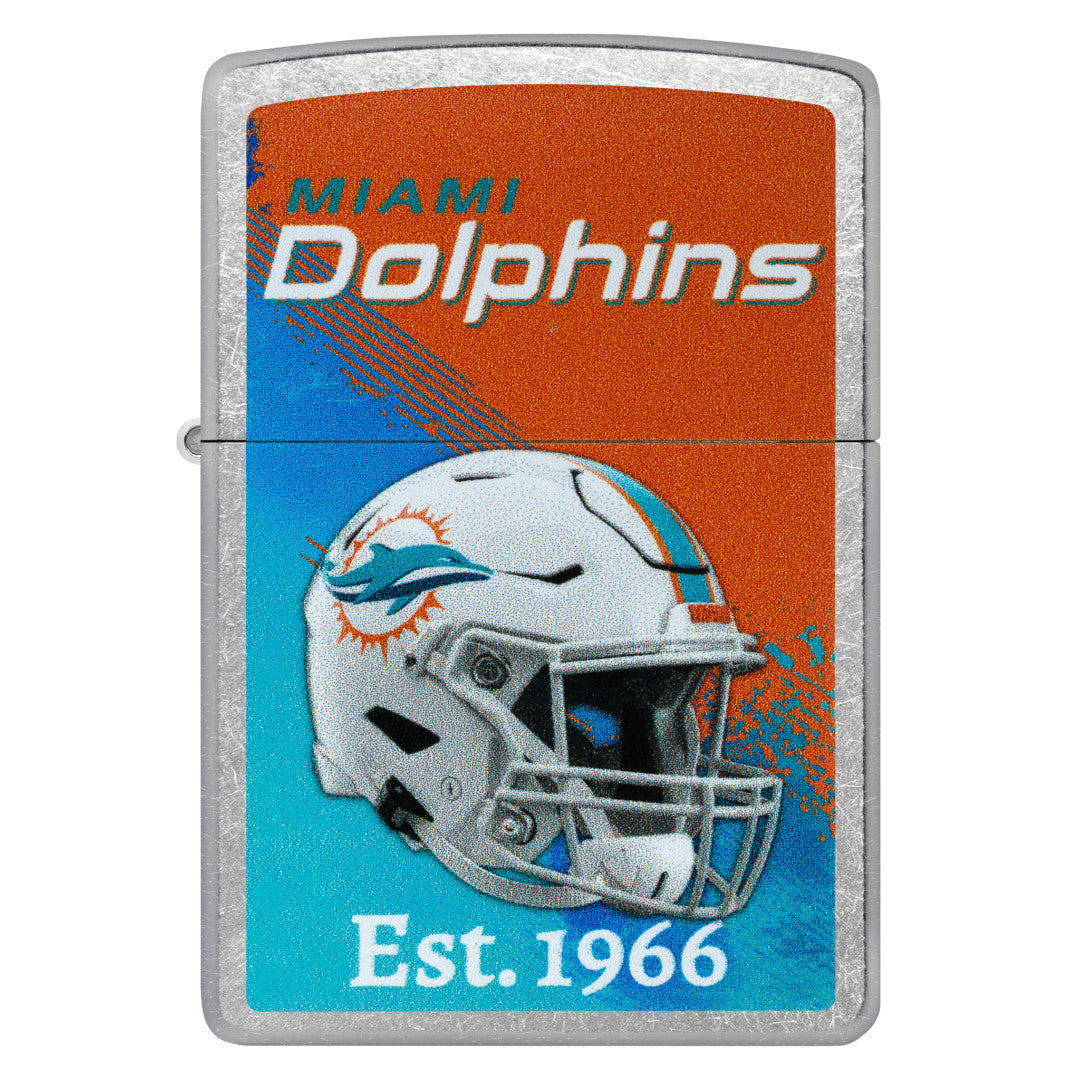 Front view of Zippo NFL Miami Dolphins Helmet Design Street Chrome Windproof Lighter.