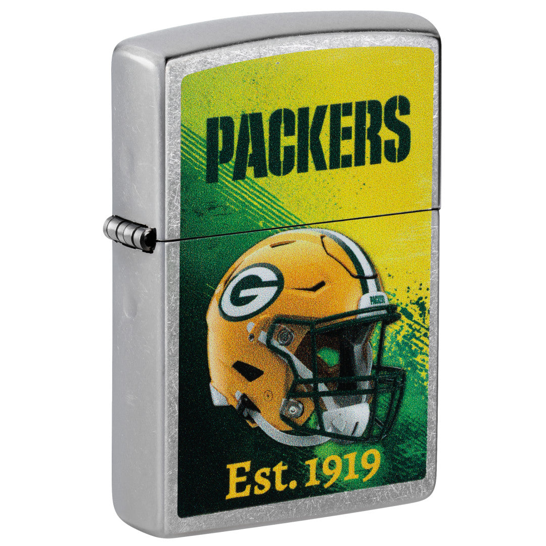 Front shot of Zippo NFL Green Bay Packers Helmet Design Street Chrome Windproof Lighter standing at a 3/4 angle.