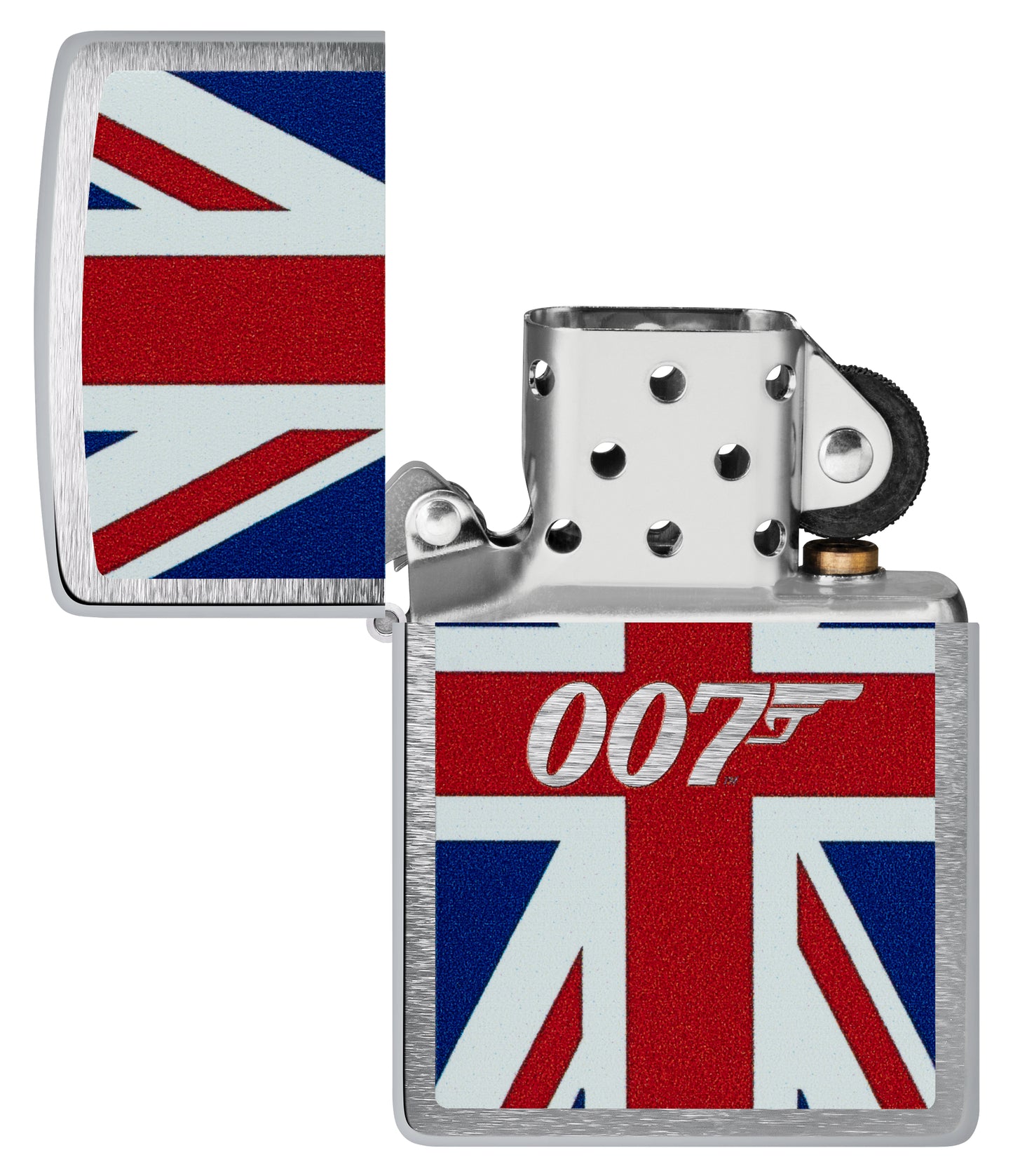 Zippo James Bond® Union Jack Brushed Chrome Windproof Lighter with its lid open and unlit.
