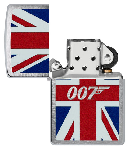 Zippo James Bond® Union Jack Brushed Chrome Windproof Lighter with its lid open and unlit.
