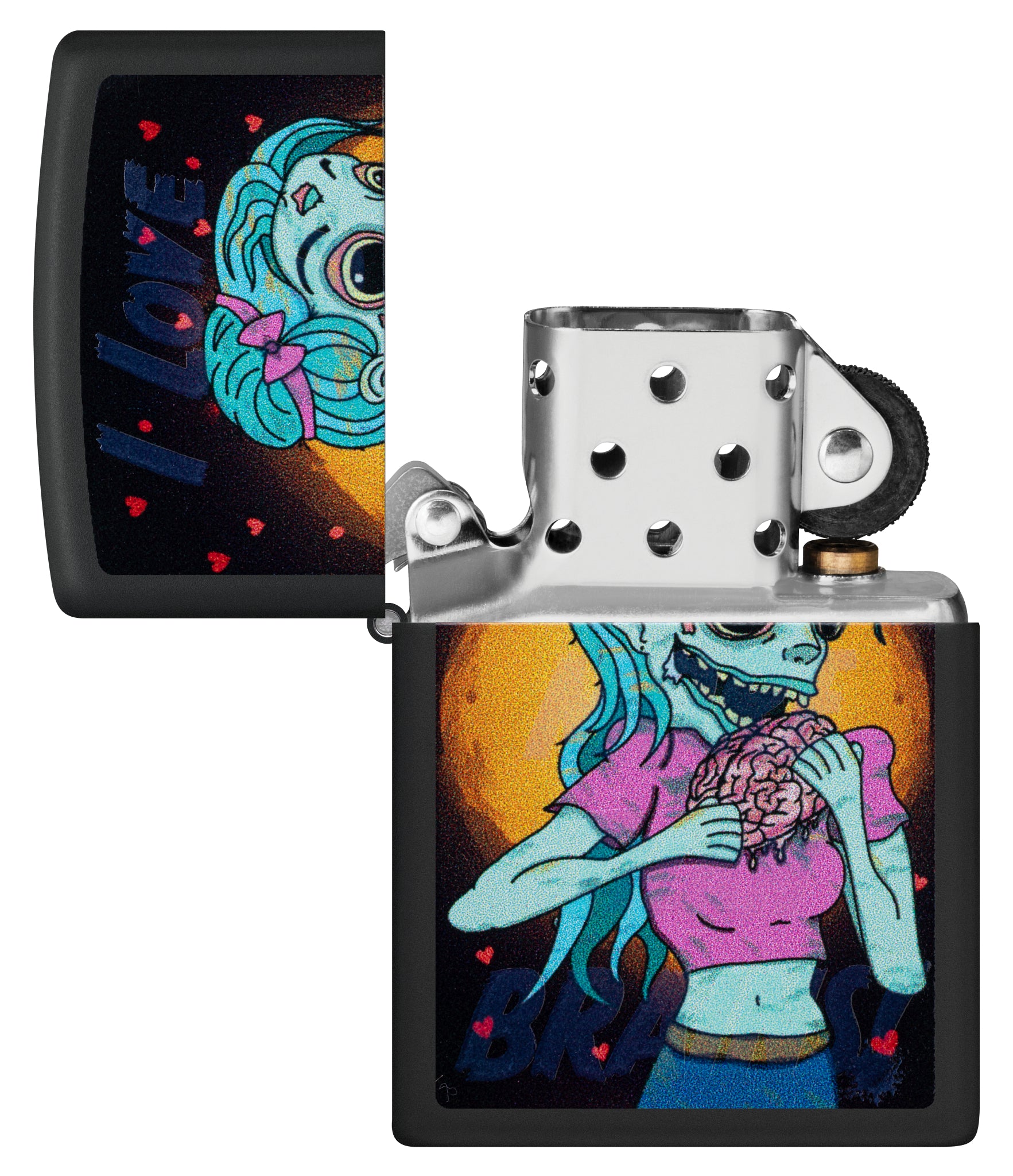 Zippo Black Light Brainiac Design Black Matte Windproof Lighter with its lid open and unlit.