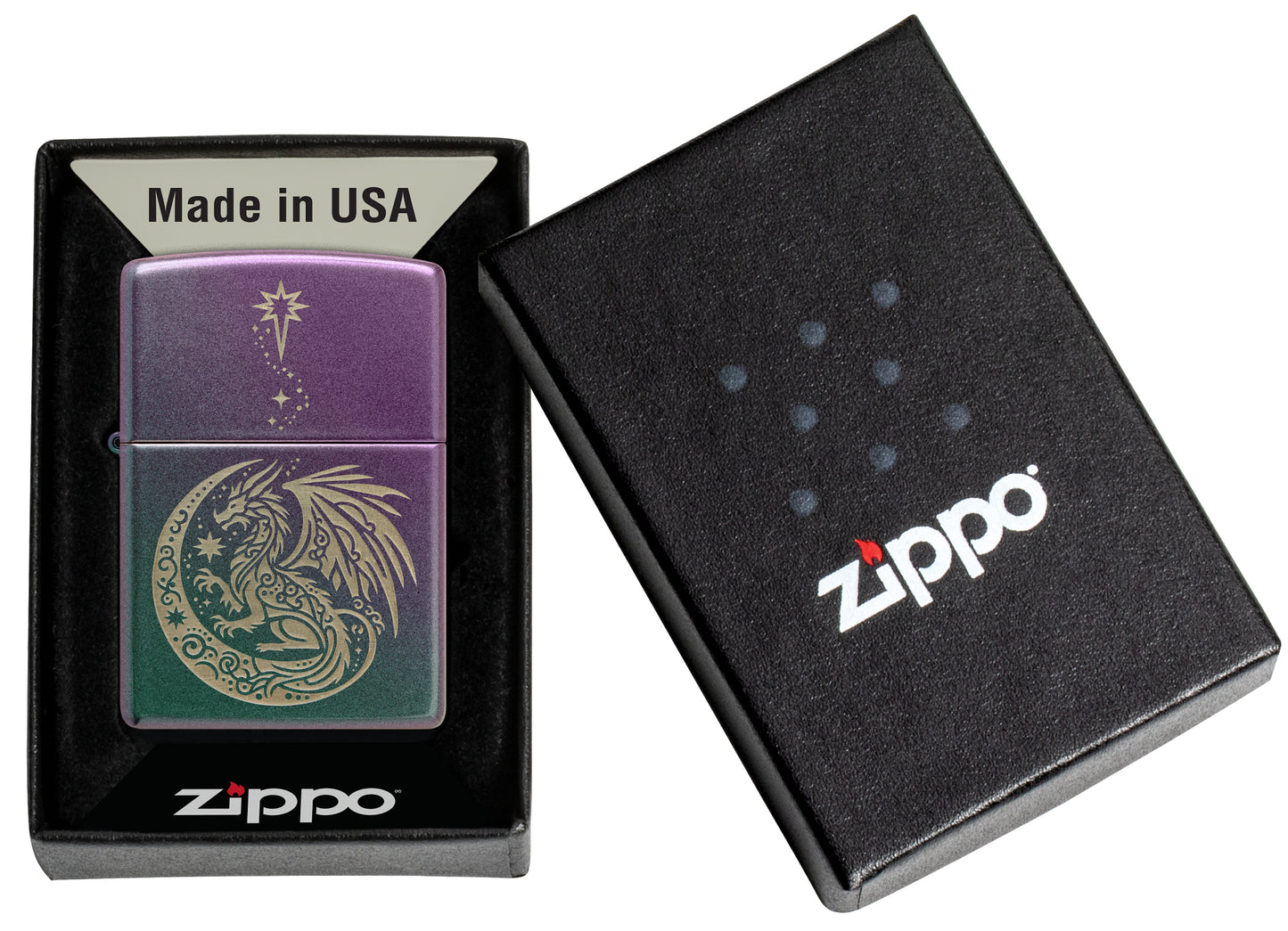 Zippo Dragon Fantasy Design Iridescent Windproof Lighter in its packaging.