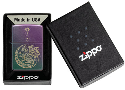 Zippo Dragon Fantasy Design Iridescent Windproof Lighter in its packaging.