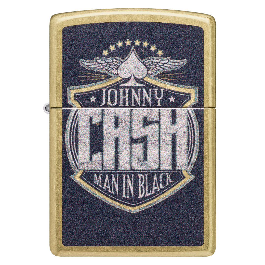 Front view of Zippo Johnny Cash Crest Design Street Brass Windproof Lighter.