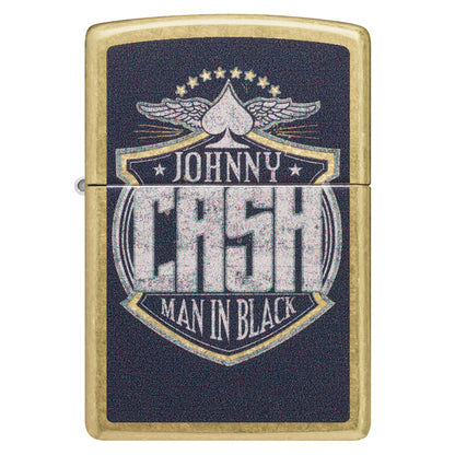 Front view of Zippo Johnny Cash Crest Design Street Brass Windproof Lighter.