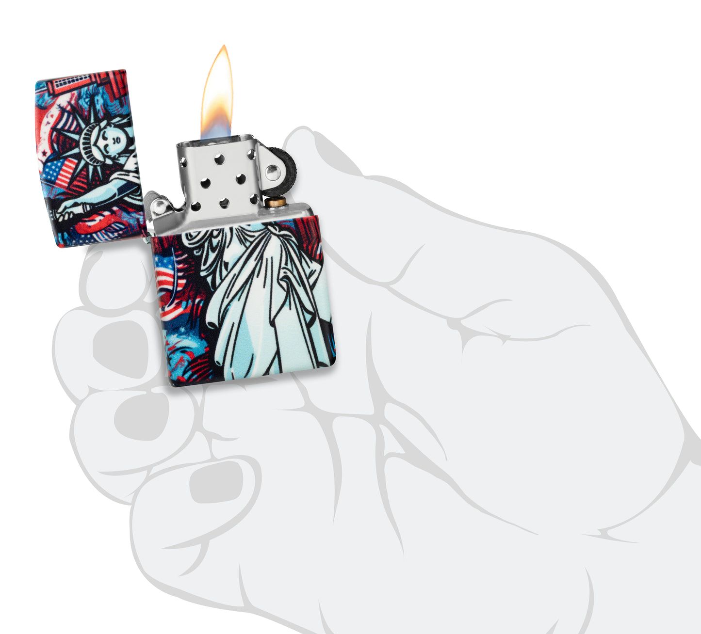 Zippo Lady Liberty Design 540 Matte Windproof Lighter lit in hand.