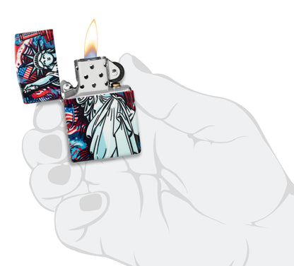 Zippo Lady Liberty Design 540 Matte Windproof Lighter lit in hand.