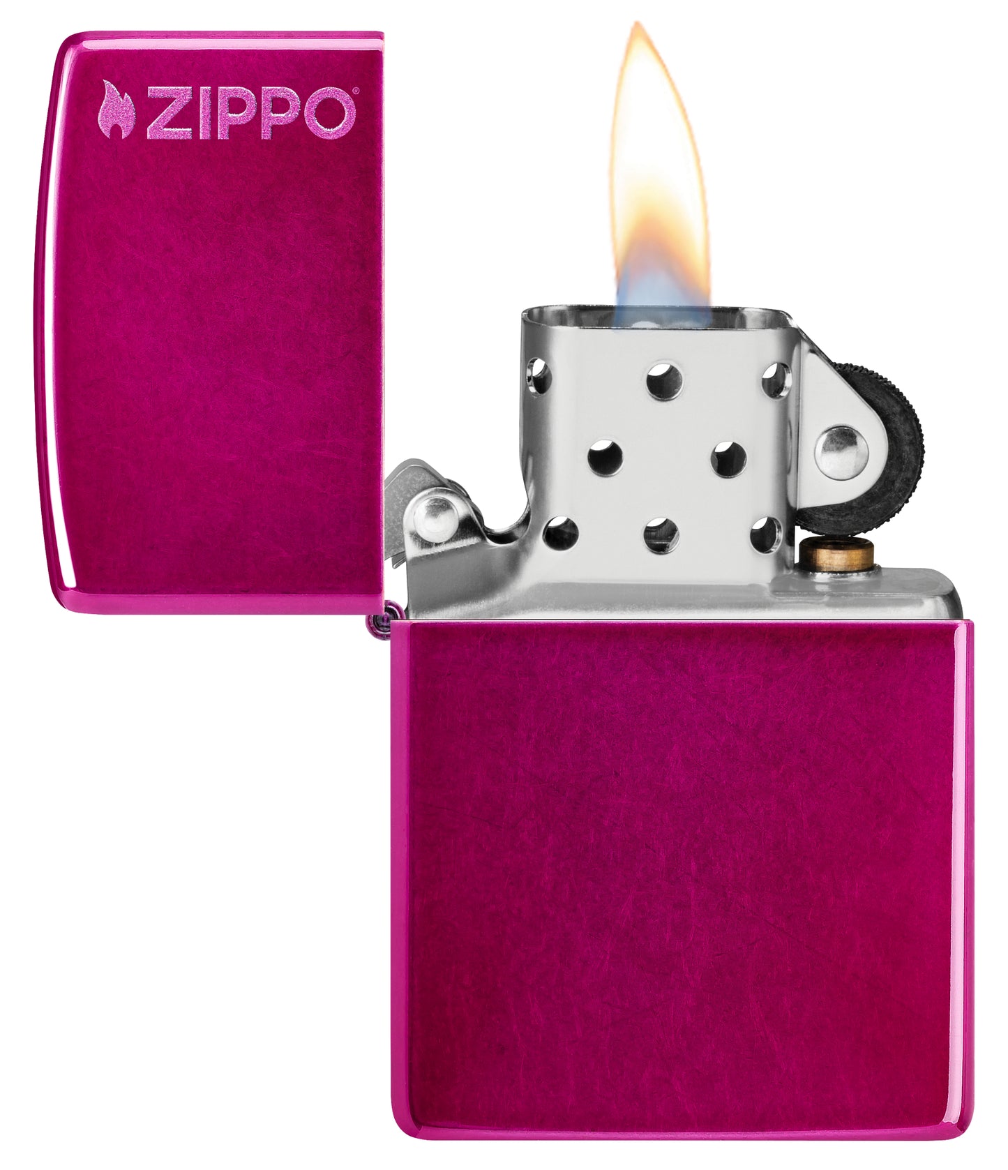 Zippo Classic Candy Raspberry Zippo Logo Windproof Lighter with its lid open and lit.