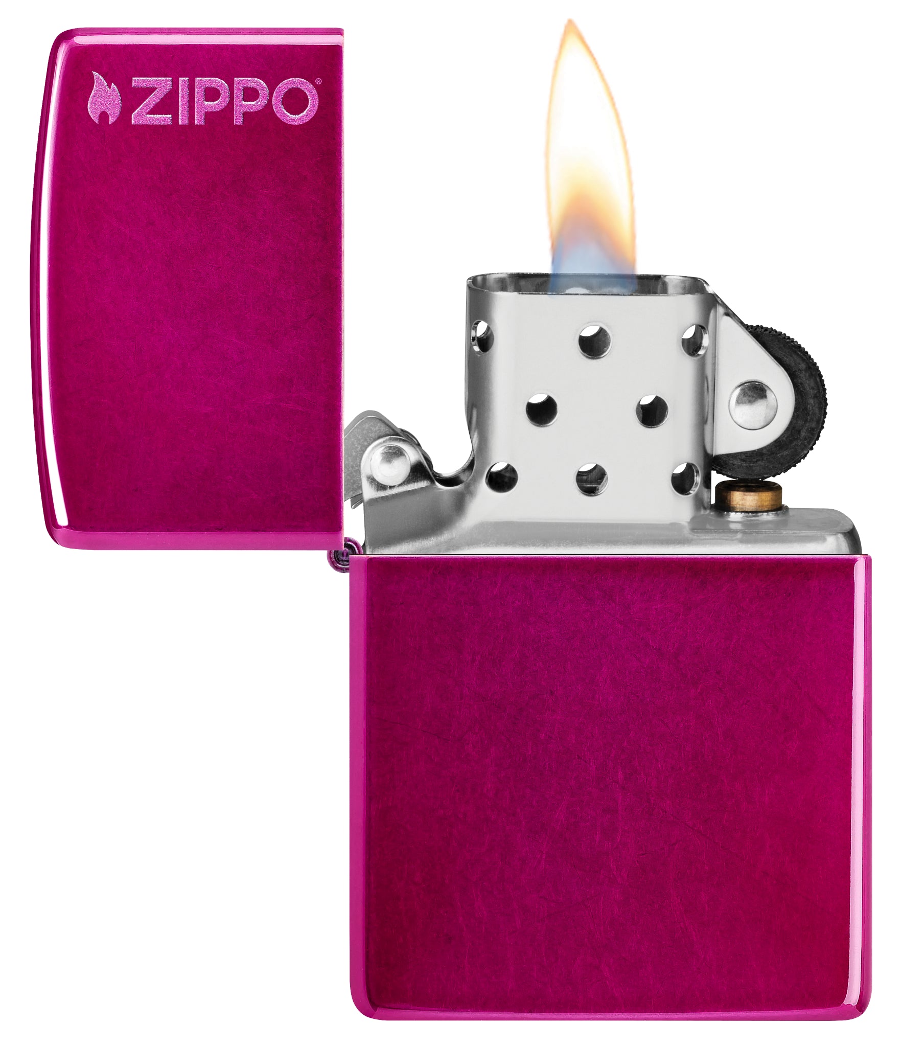 Zippo Classic Candy Raspberry Zippo Logo Windproof Lighter with its lid open and lit.