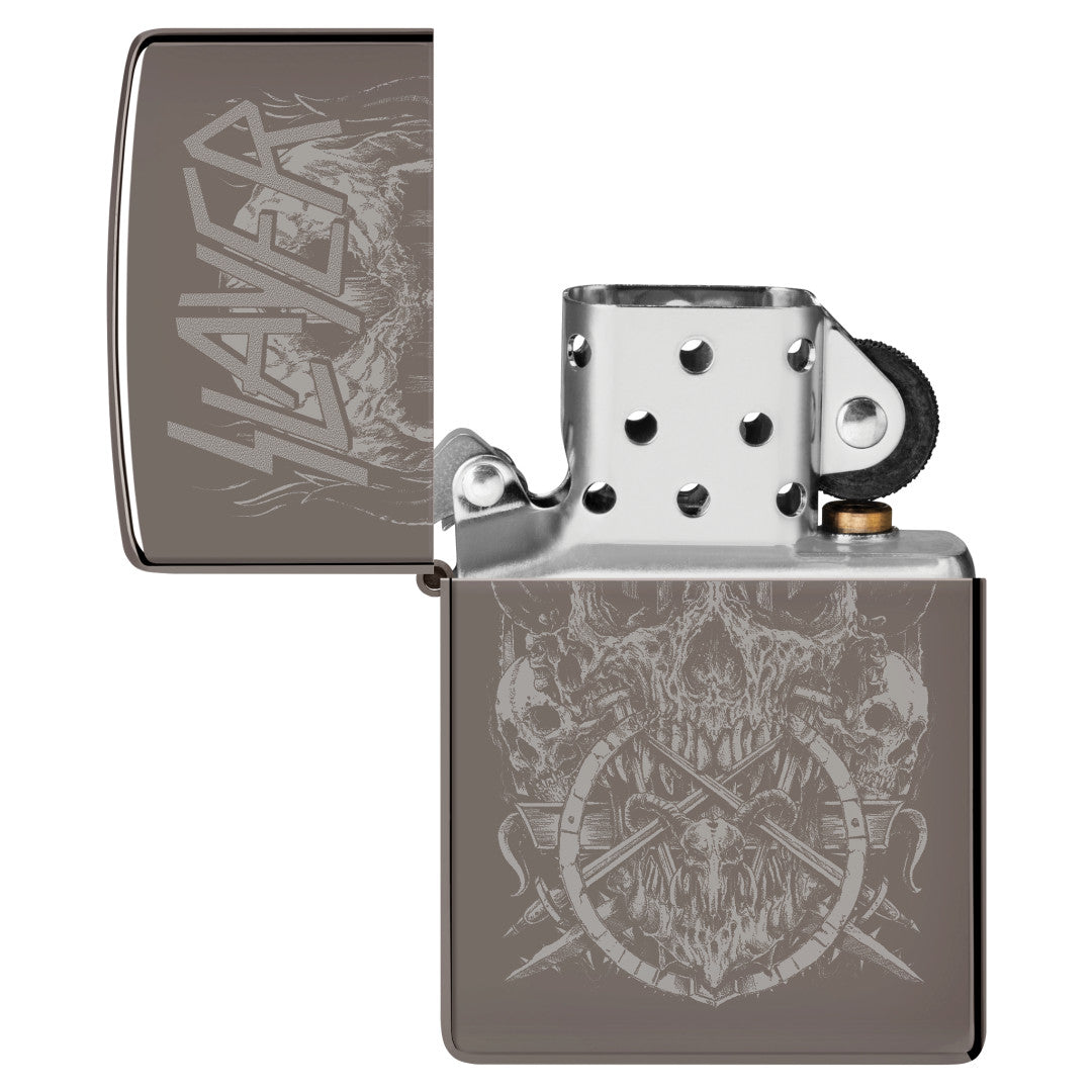 Zippo Slayer Skull Design Black Ice® Windproof Lighter with its lid open and unlit.