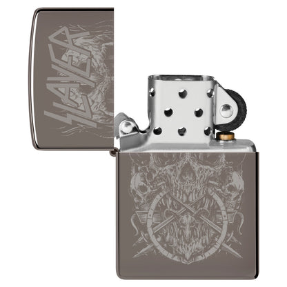 Zippo Slayer Skull Design Black Ice® Windproof Lighter with its lid open and unlit.