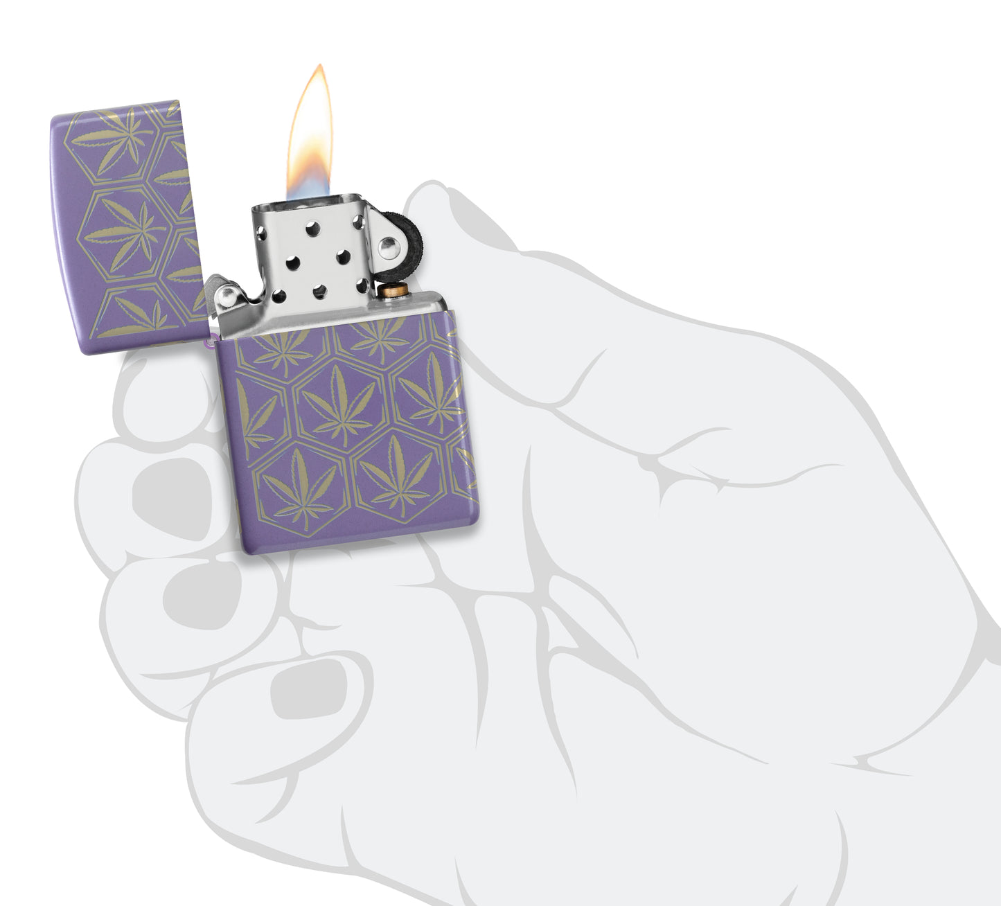 Zippo Honeycomb Cannabis Design Smoky Lavender Windproof Lighter lit in hand.
