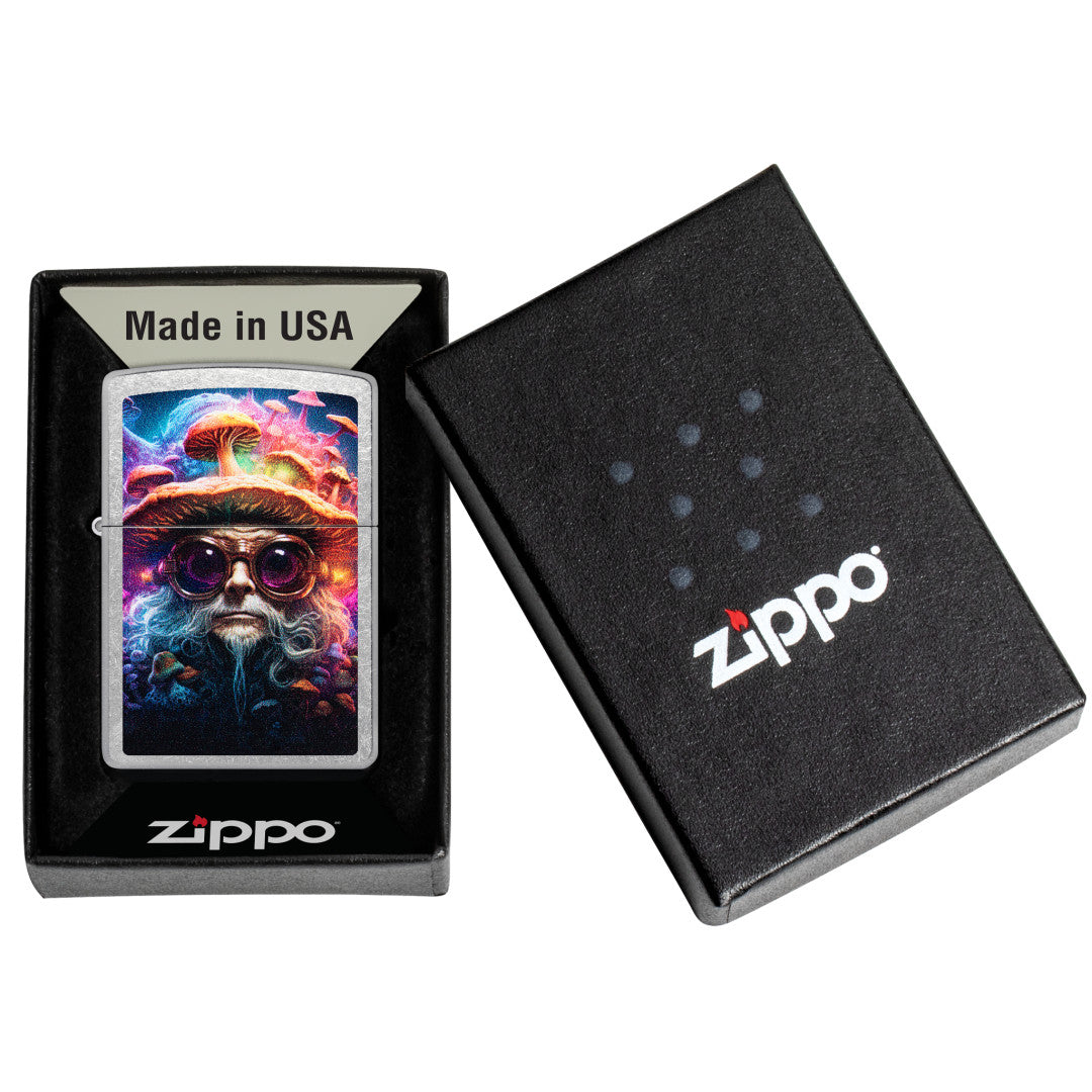 Zippo Mushroom Man Design Street Chrome Windproof Lighter in its packaging.