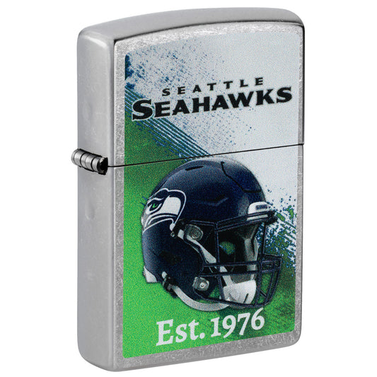 Front shot of Zippo NFL Seattle Seahawks Helmet Design Street Chrome Windproof Lighter standing at a 3/4 angle.