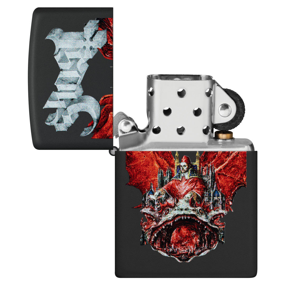Zippo Ghost Prequelle Design Black Matte Windproof Lighter with its lid open and unlit.