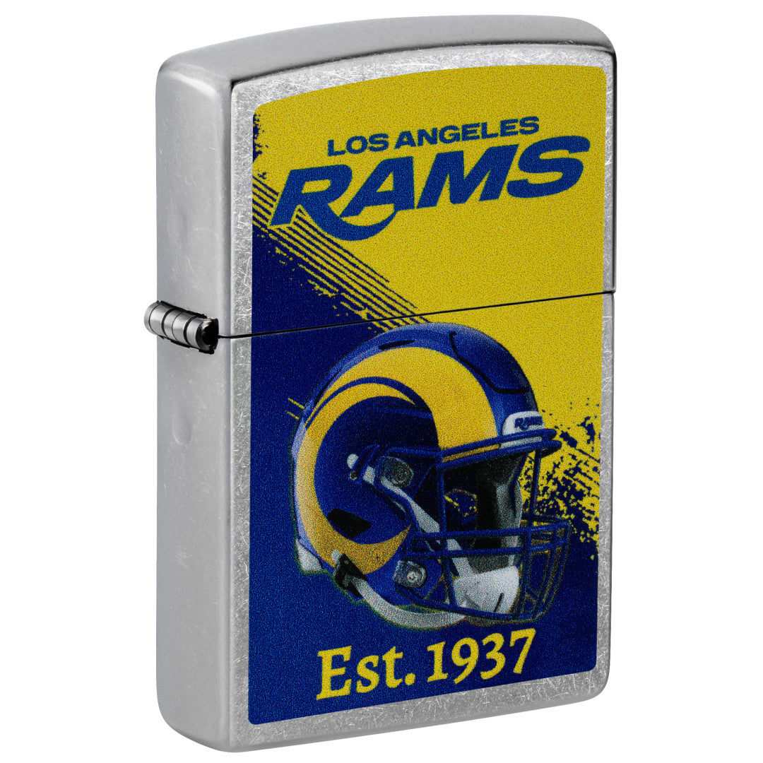 Front shot of Zippo NFL Los Angeles Rams Helmet Design Street Chrome Windproof Lighter standing at a 3/4 angle.