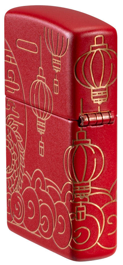 Angled shot of  Zippo Chinese New Year Design Red Matte Windproof Lighter showing the back and hinge side of the lighter.