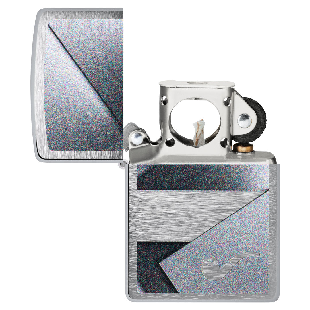 Zippo Metallic Design Pipe Lighter Brushed Chrome Windproof Lighter with its lid open and unlit.