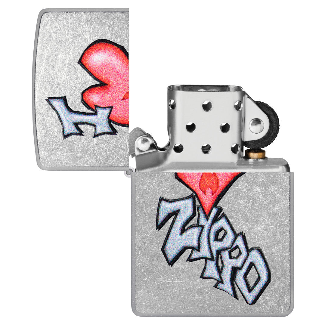 Zippo I Love Zippo Design Street Chrome Windproof Lighter with its lid open and unlit.