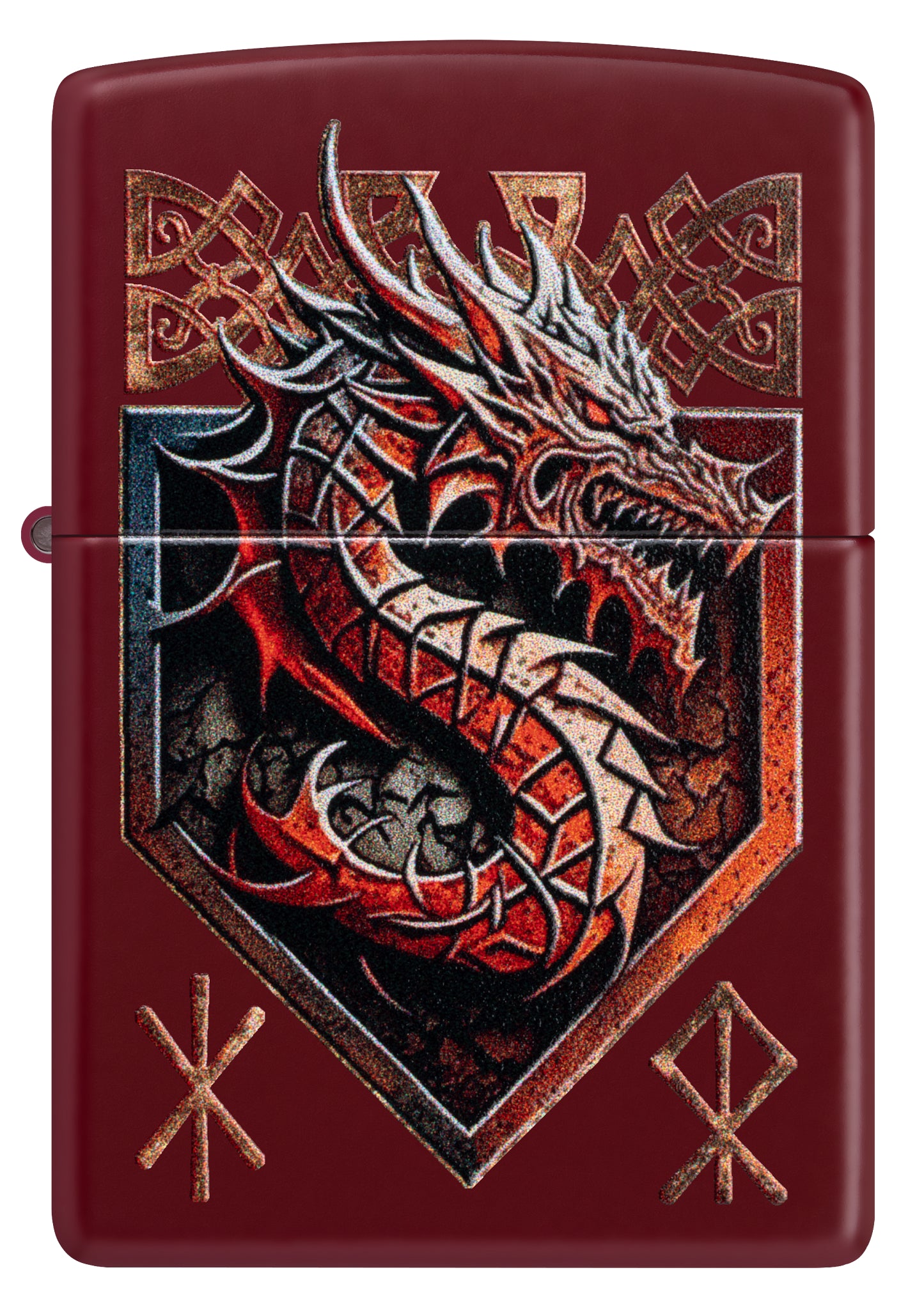 Front view of Zippo Dragon Shield Design Merlot Windproof Lighter.