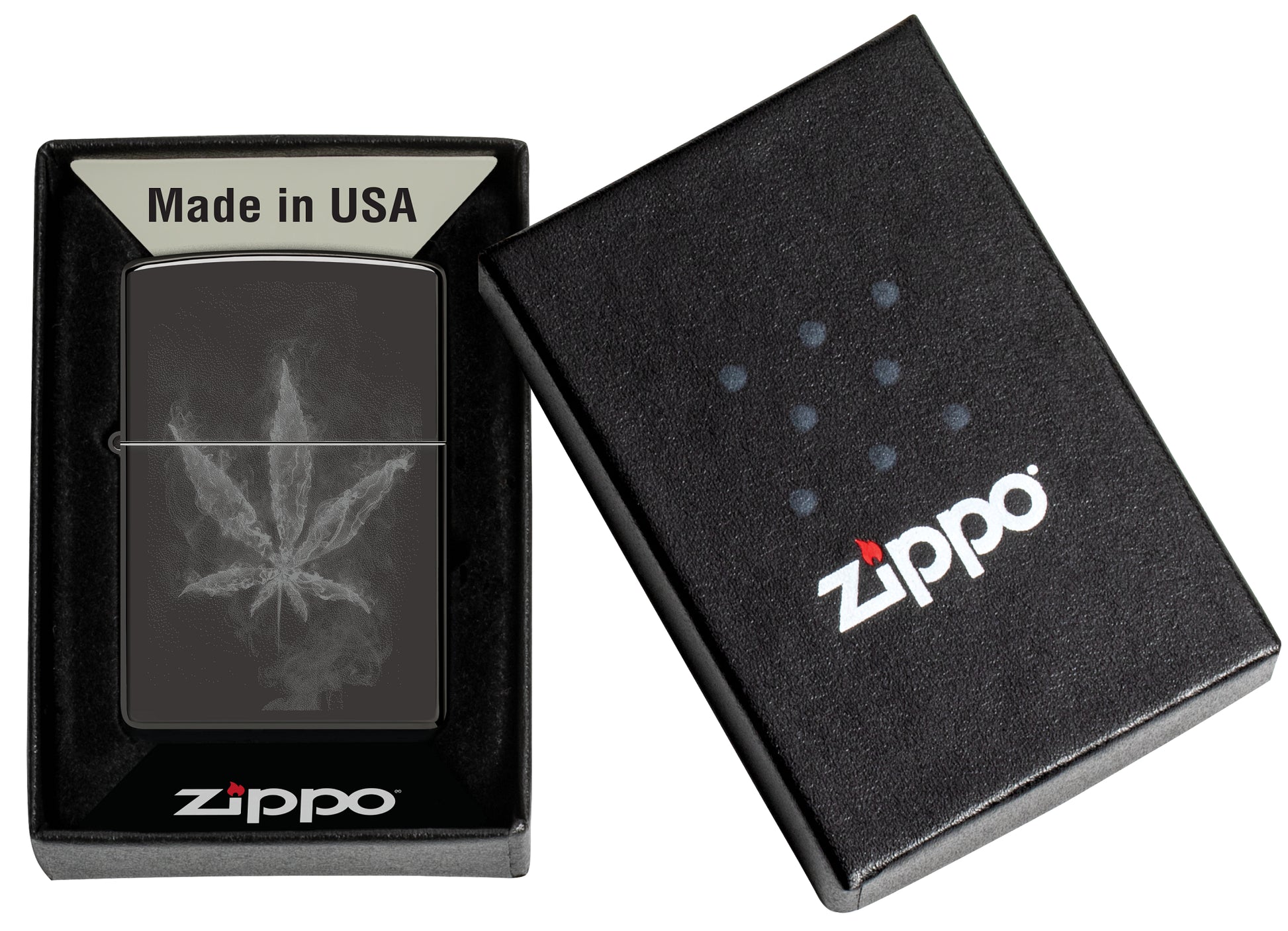 Zippo Wispy Leaf Design High Polish Black Windproof Lighter in its packaging.