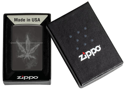 Zippo Wispy Leaf Design High Polish Black Windproof Lighter in its packaging.