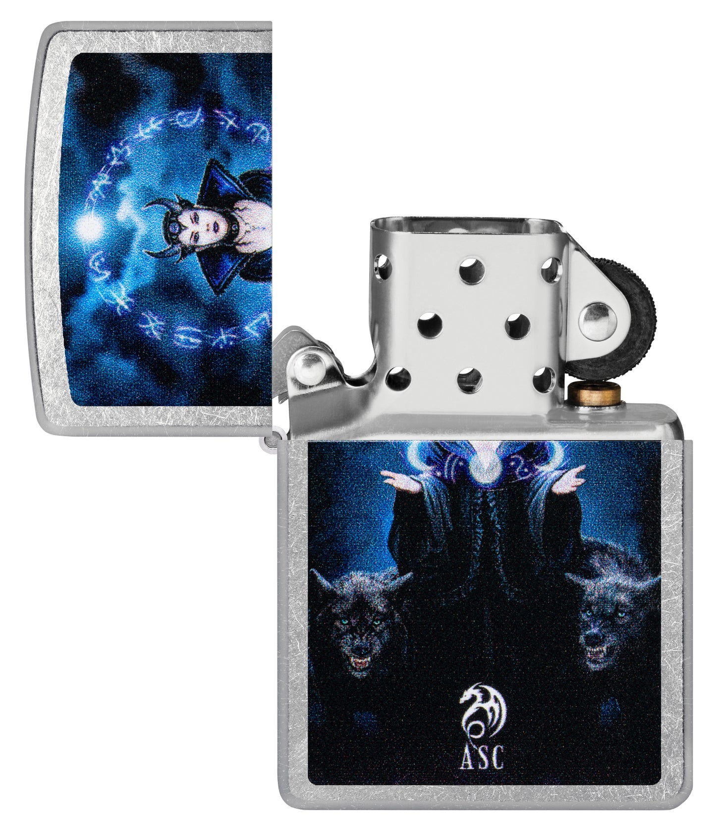 Zippo Anne Stokes Moon Witch Design Street Chrome Windproof Lighter with its lid open and unlit.