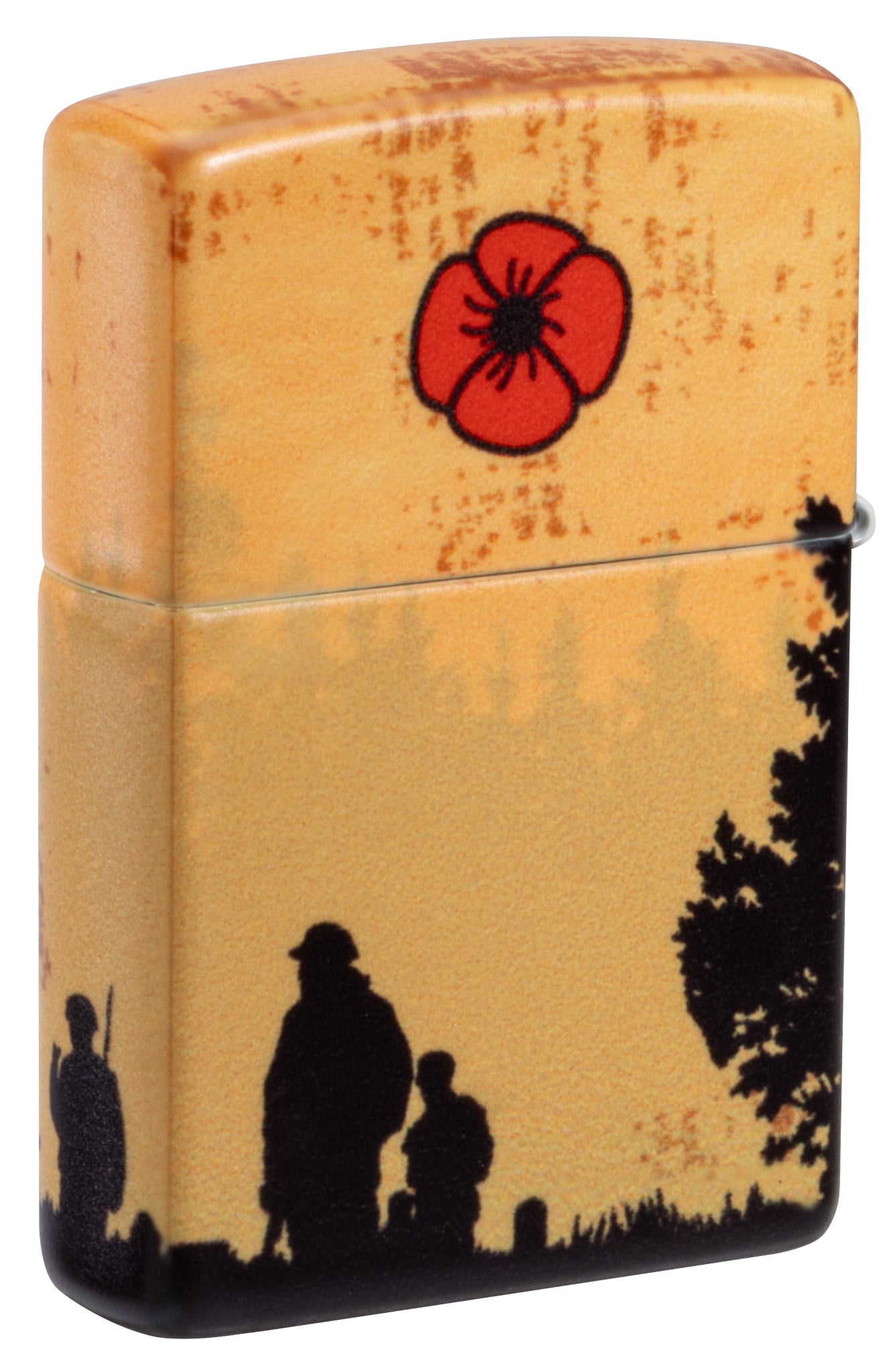 Back view of Zippo 2025 Veterans Day Commemorative 540 Matte Windproof Lighter standing at a 3/4 angle.