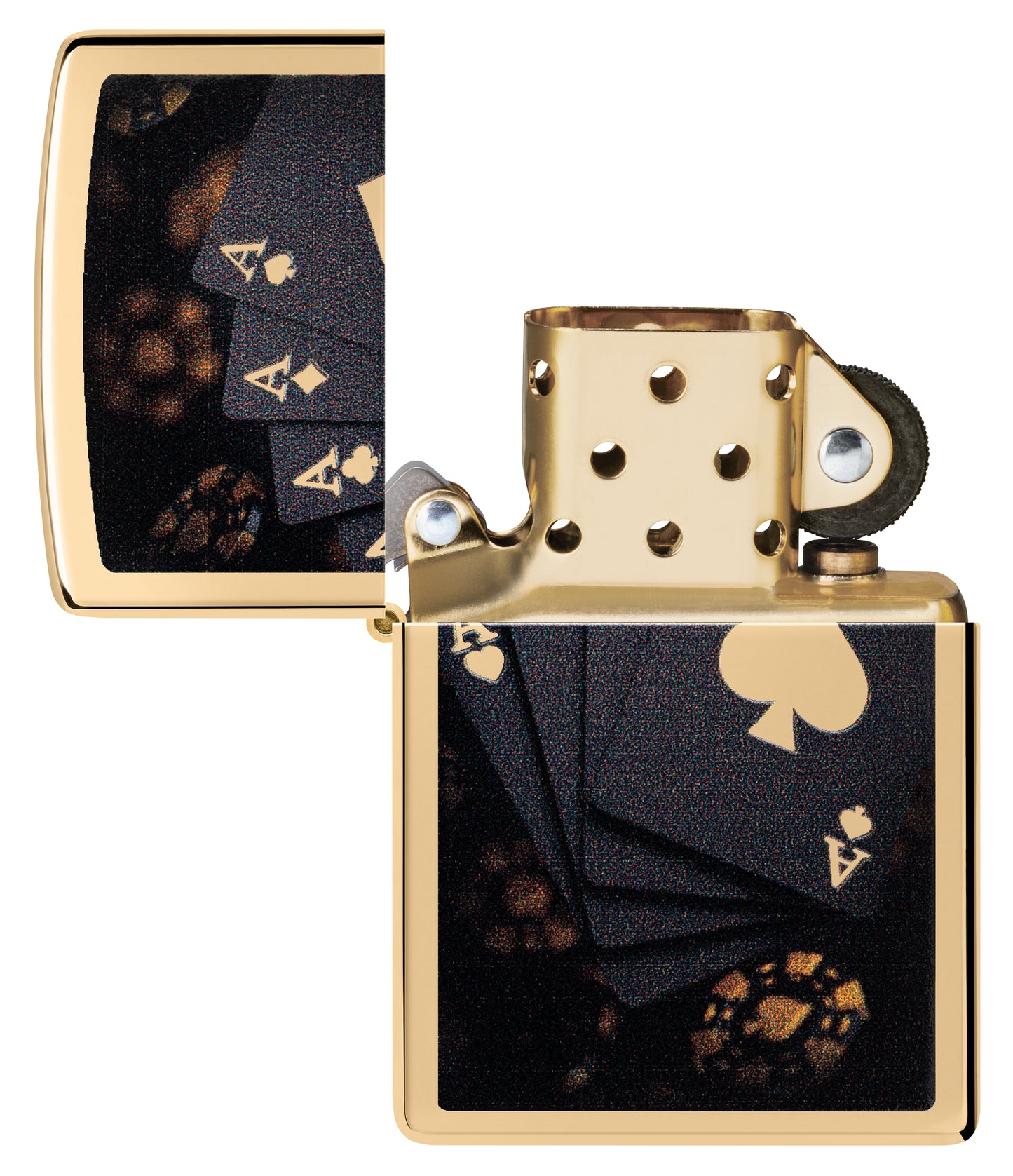Zippo Lucky Aces Design High Polish Brass with its lid open and unlit.