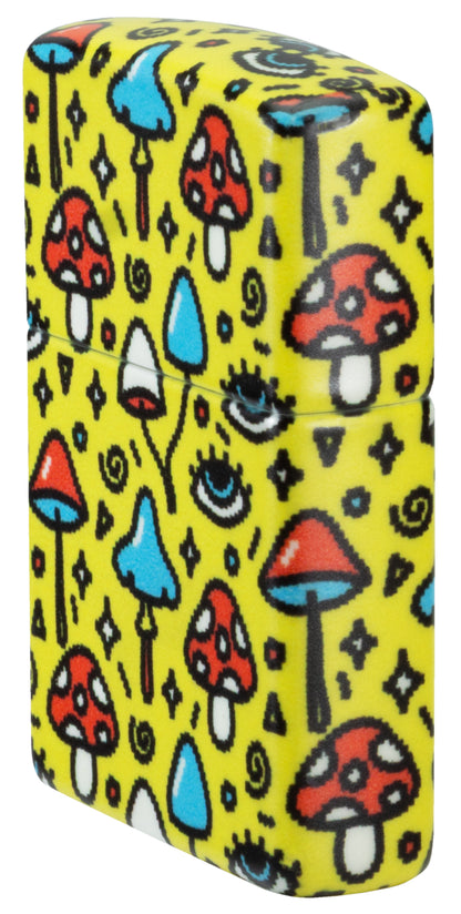 Angled shot of  Zippo Eye Spy Design Glow-in-the-Dark Green Windproof Lighter showing the front and right sides of the lighter.