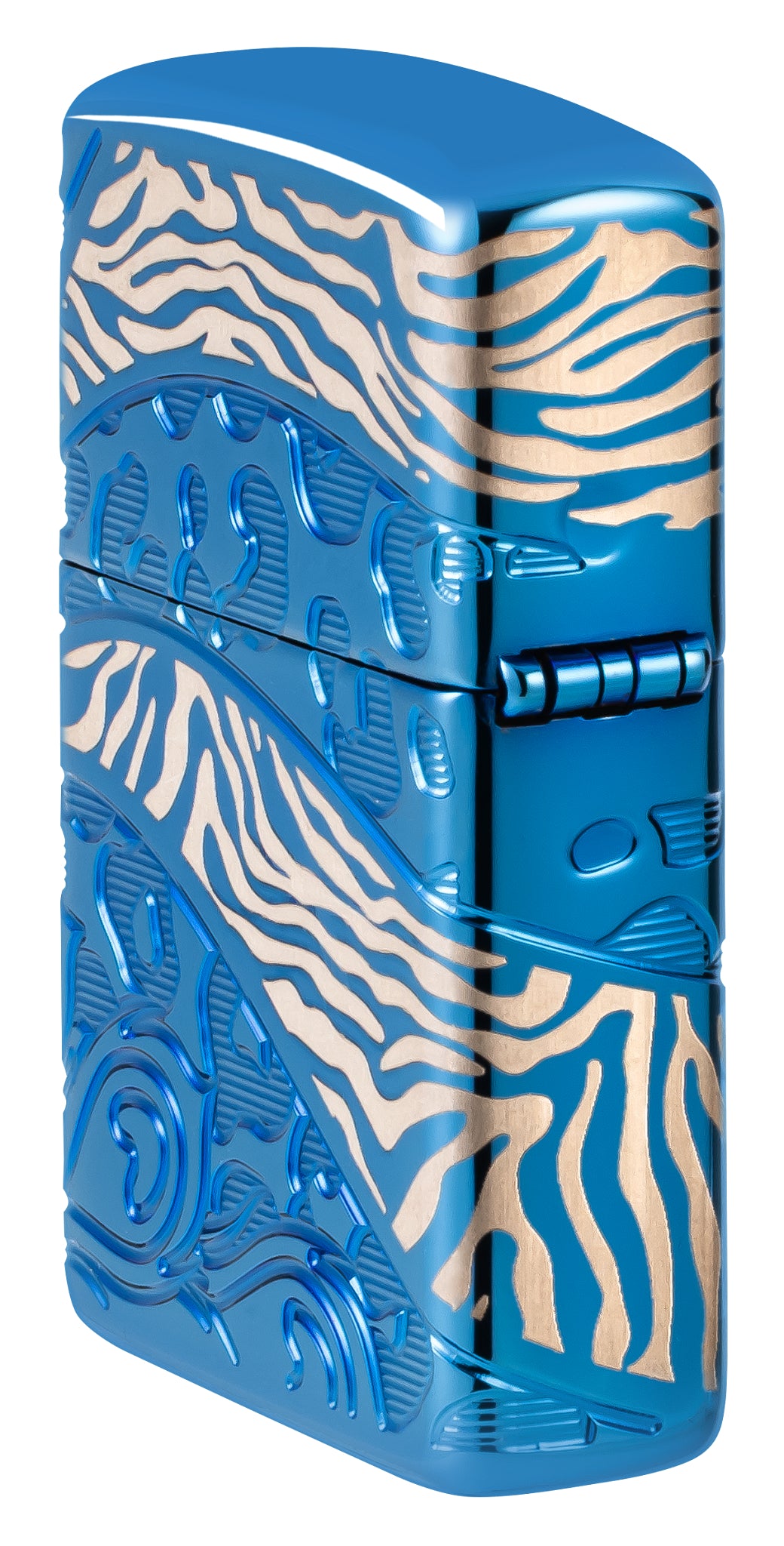 Angled shot of  Zippo Animal Flair Design Armor® High Polish Blue Windproof Lighter showing the back and hinge side of the lighter.
