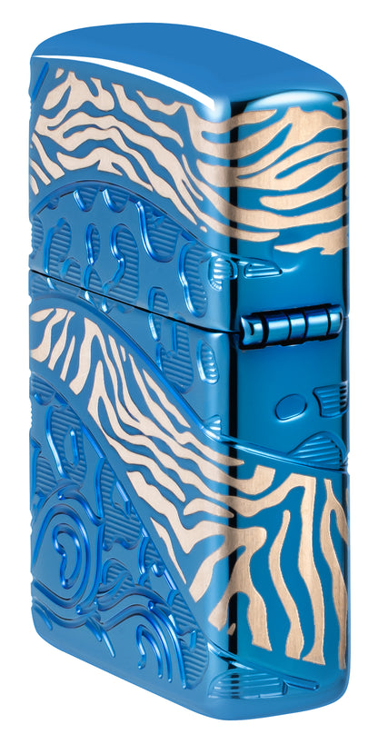 Angled shot of  Zippo Animal Flair Design Armor® High Polish Blue Windproof Lighter showing the back and hinge side of the lighter.