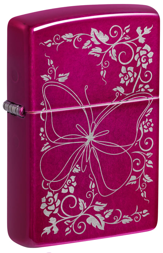 Front shot of Zippo Butterfly Bliss Design Candy Raspberry Windproof Lighter standing at a 3/4 angle.
