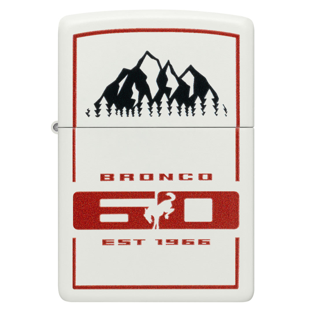 Front view of Zippo Ford Bronco 60th Anniversary Design White Matte Windproof Lighter.