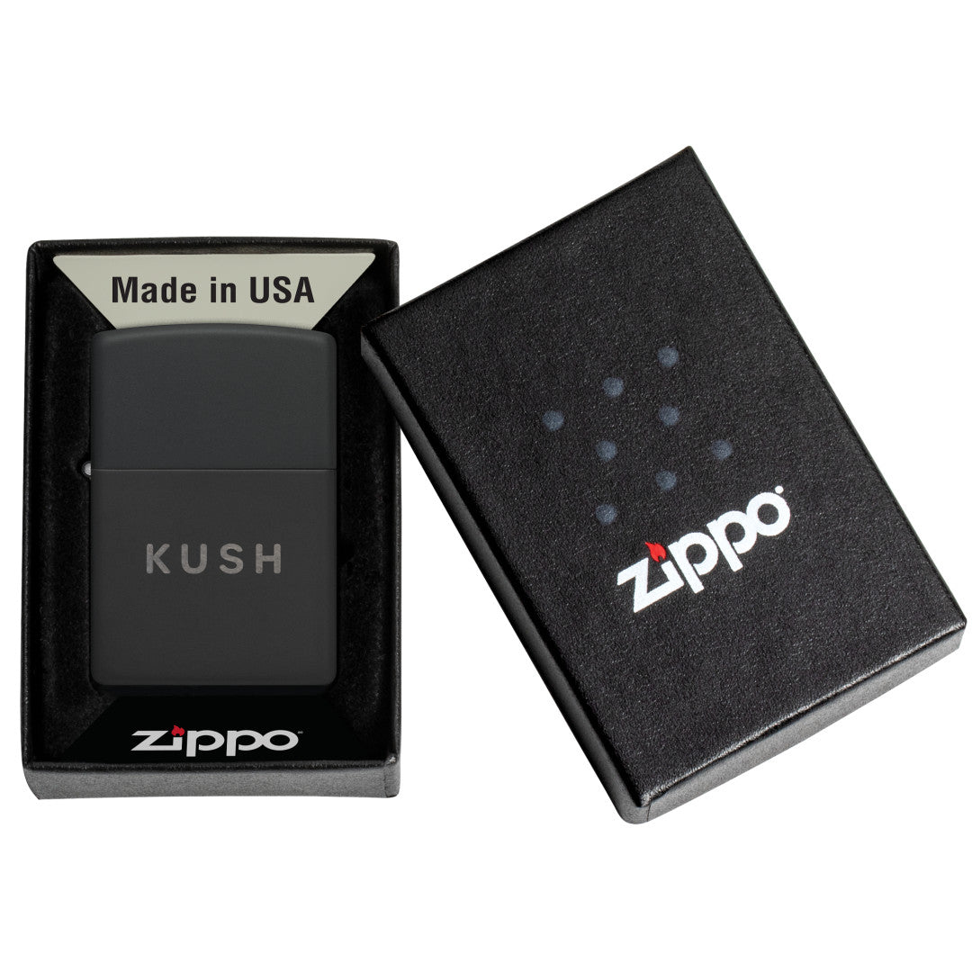Zippo Kush Design Black Matte with Chrome Windproof Lighter in its packaging.