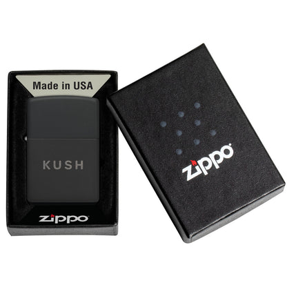 Zippo Kush Design Black Matte with Chrome Windproof Lighter in its packaging.