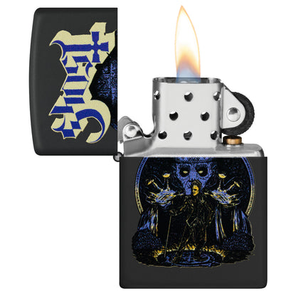 Zippo Ghost Papa Design Black Matte Windproof Lighter with its lid open and lit.