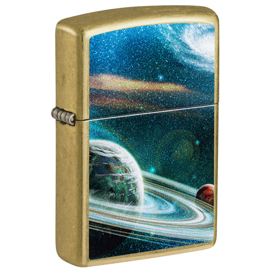 Front shot of Zippo Space Rings Design Street Brass Windproof Lighter standing at a 3/4 angle.
