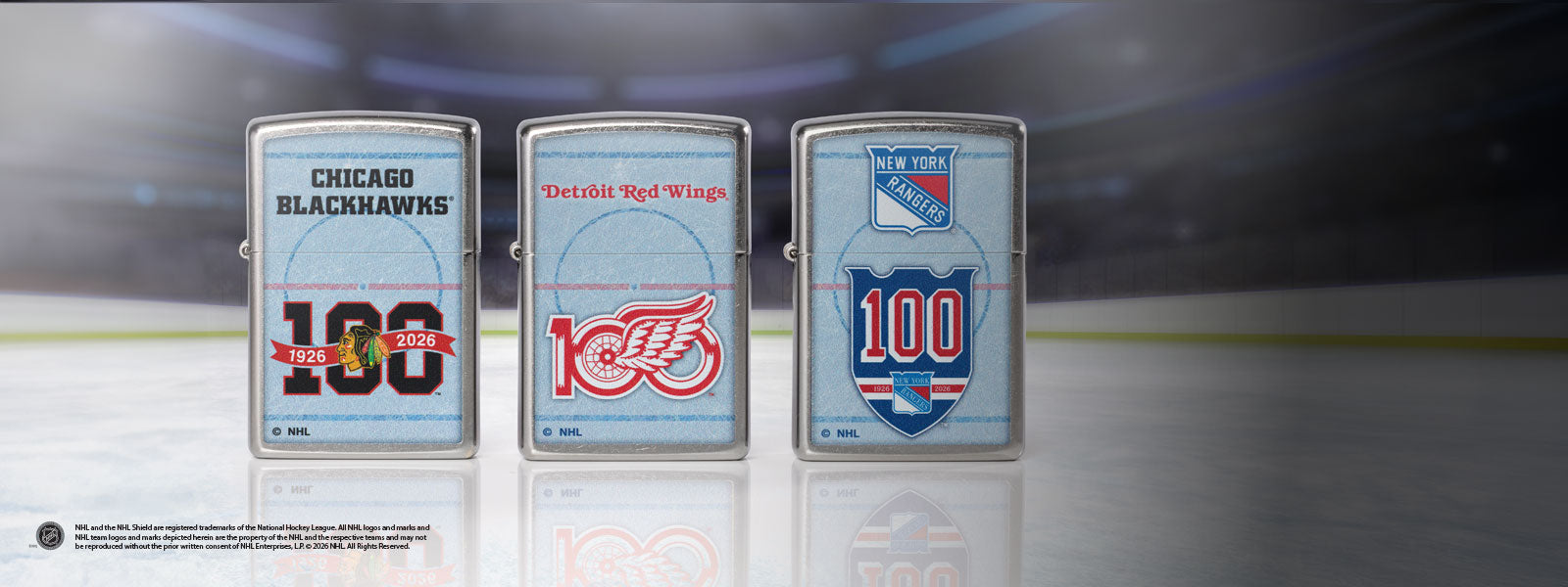 Three NHL lighters displayed on an ice rink.