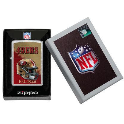 Zippo NFL San Francisco 49ers Helmet Design Street Chrome Windproof Lighter in its packaging.