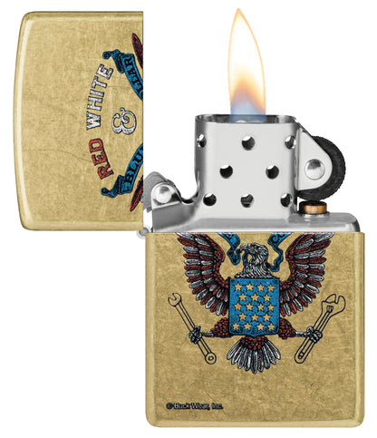 Zippo Buck Wear Red White & Blue Collar Design Street Brass Windproof Lighter with its lid open and lit.