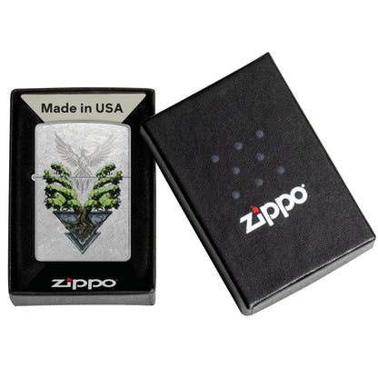 Zippo Phoenix Tree Design Street Chrome Windproof Lighter in its packaging.