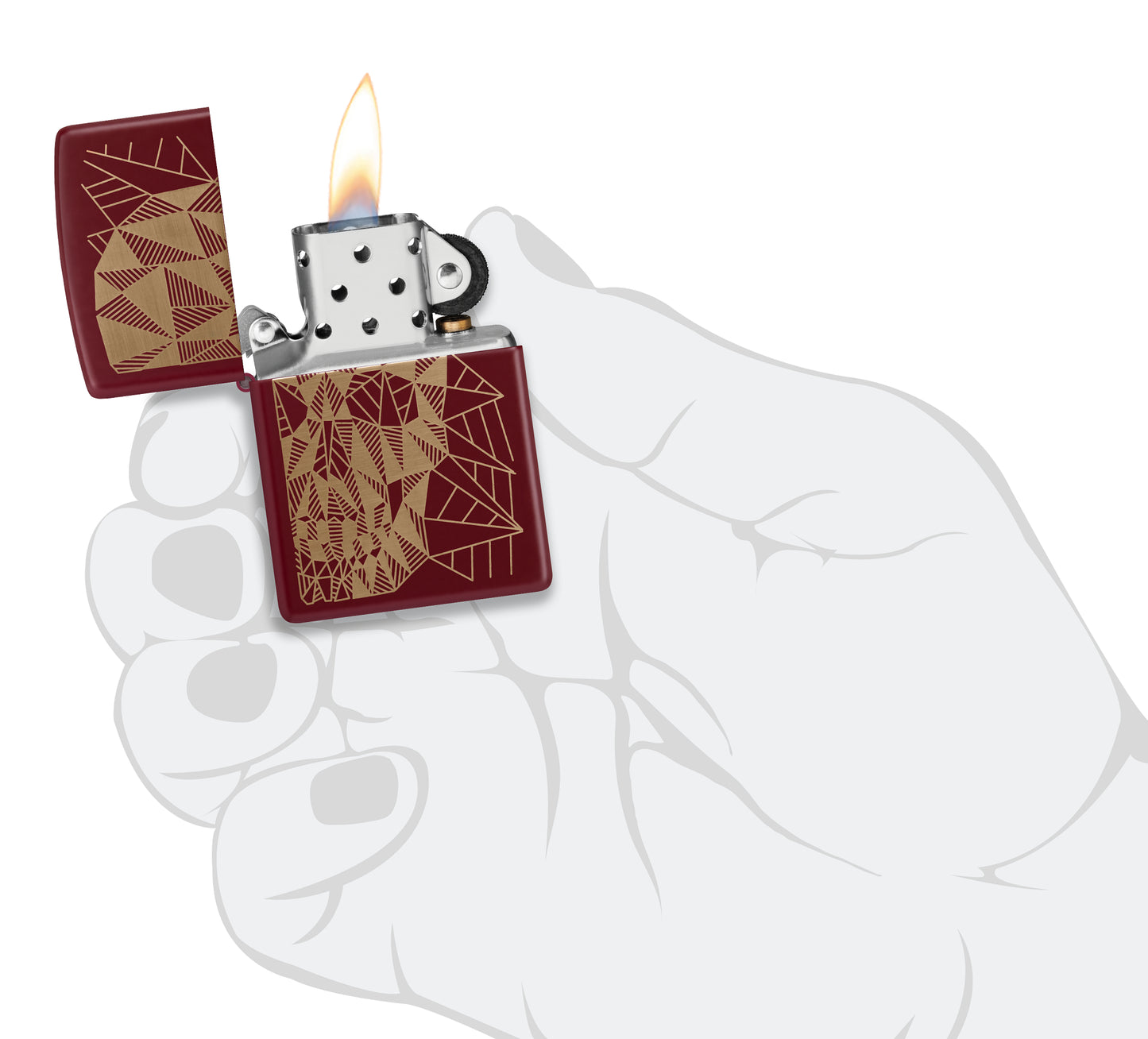 Zippo Geometric Skull Design Merlot Windproof Lighter  lit in hand.