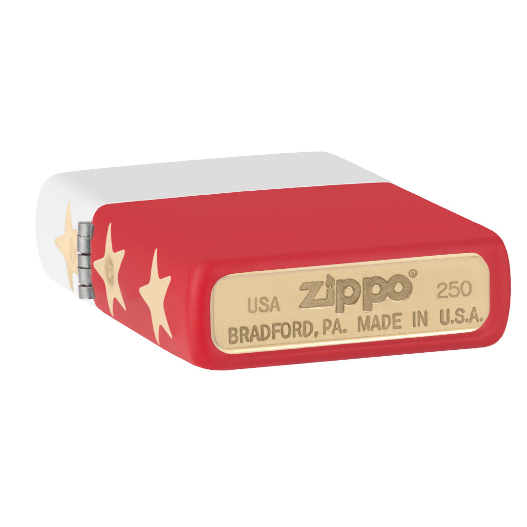 Bottom stamp view of Zippo 250th Anniversary Special Edition White and Red Matte Windproof Lighter.