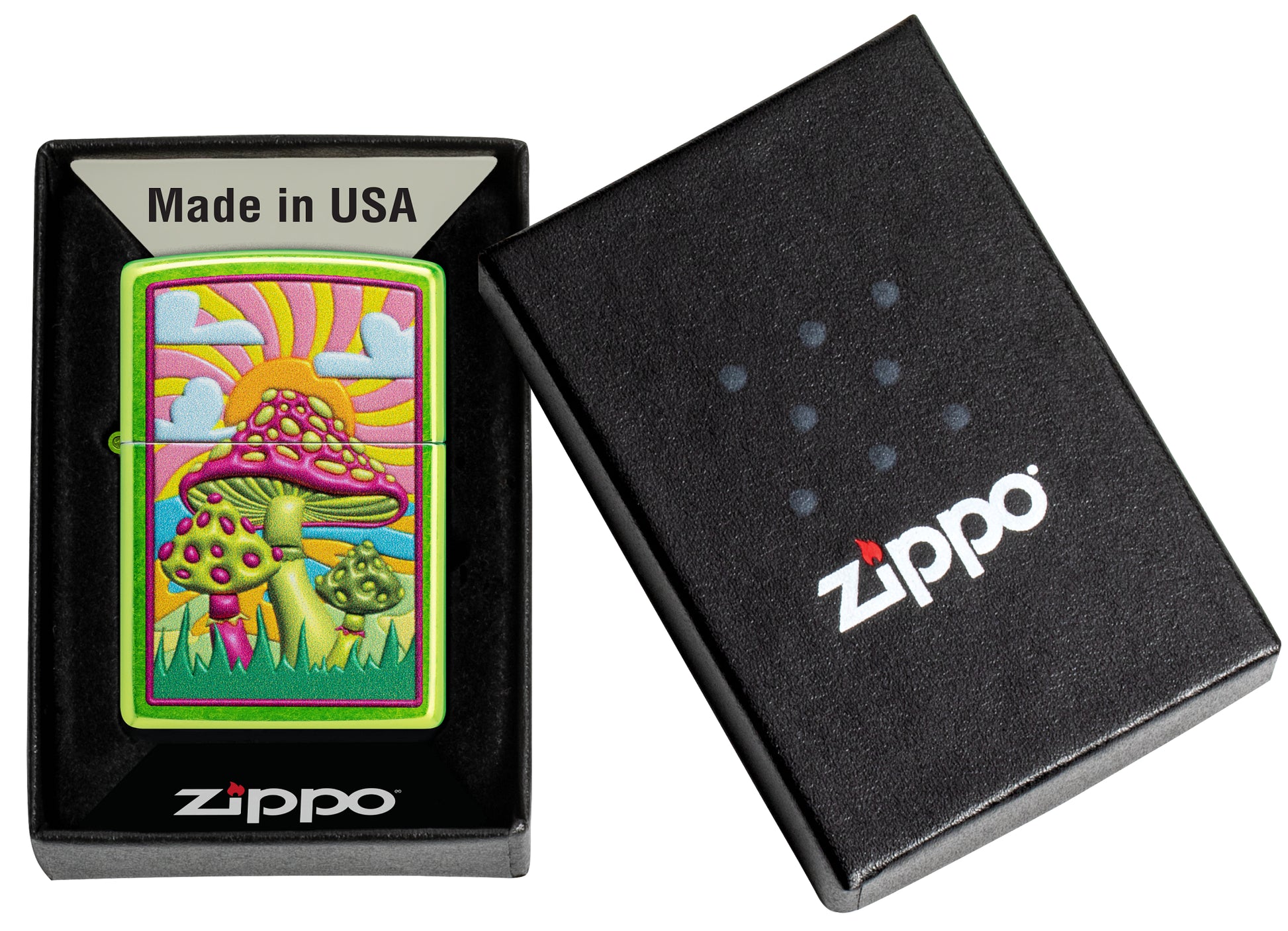 Zippo Spotted Mushrooms Design Lurid Windproof Lighter in its packaging.