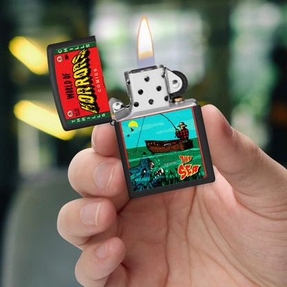 Zippo In Deep Trouble Design Black Matte Windproof Lighter lit in hand.